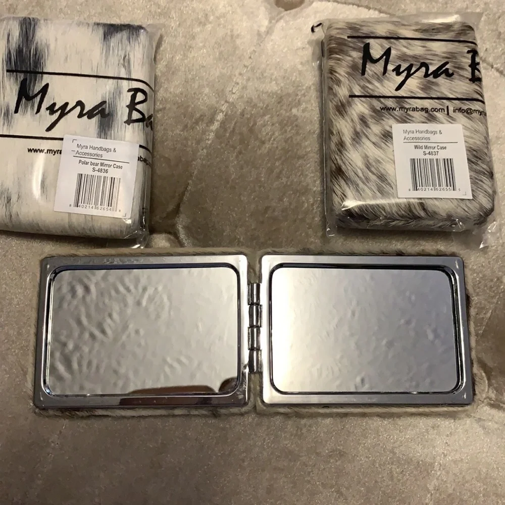 Myra brand hairon covered double sided mirror, one side magnifies, new - Picture 5 of 6